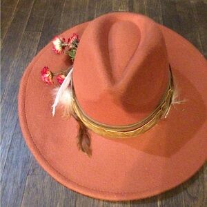 NEW! Upcycled Ruxpinsrags Elegant Orange Women's Hat with Feather Detail